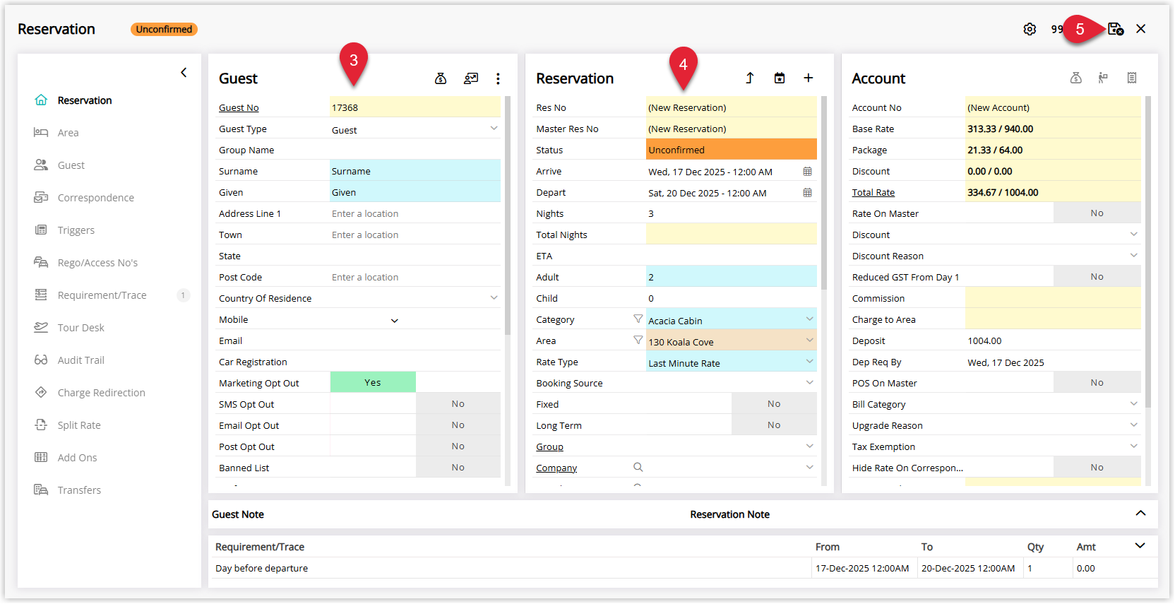 Screenshot of the Add Reservation window in RMS opened from In/Out Movements, showing sections for Guest Details and Reservation Details with the Save/Exit button highlighted to create the new reservation.