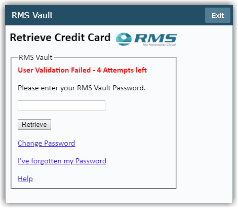 RMS Vault login screen showing an incorrect password warning message and the remaining number of password attempts, with fields for username and password