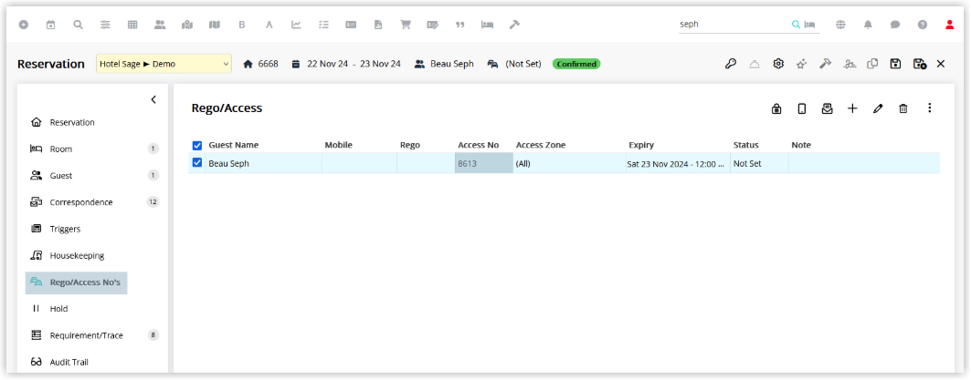 RMS Reservation window open on the Rego/Access tab, showing the RemoteLock access code, valid date and time range, and associated lock or area details generated for the guest’s stay.