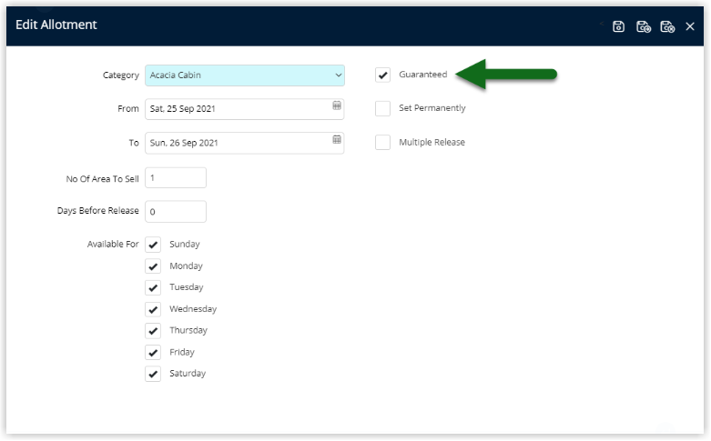 Screenshot of the Allotment setup screen in RMS showing an allotment configured as Guaranteed for a Travel Agent, including the release back time that controls when the inventory returns to house use.