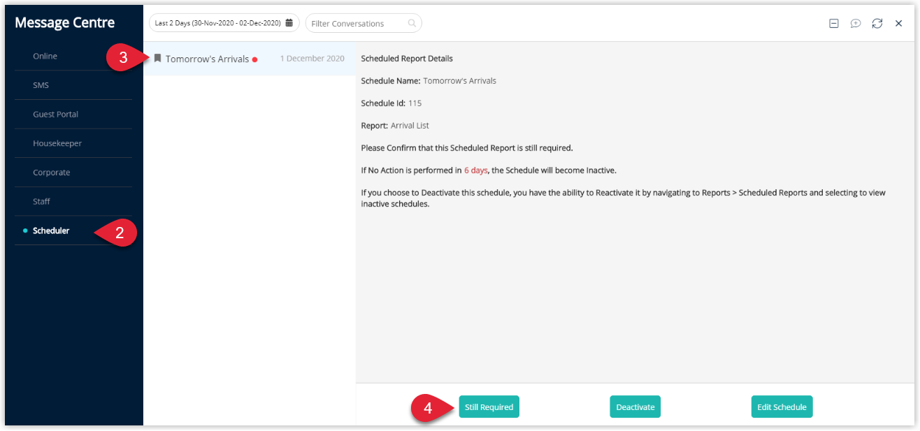 RMS Message Centre with the Scheduler message type selected and a Scheduled Report Notification open, showing options to mark the schedule as Still Required, Deactivate, or Edit Schedule so the user can confirm whether the scheduled report should remain active.