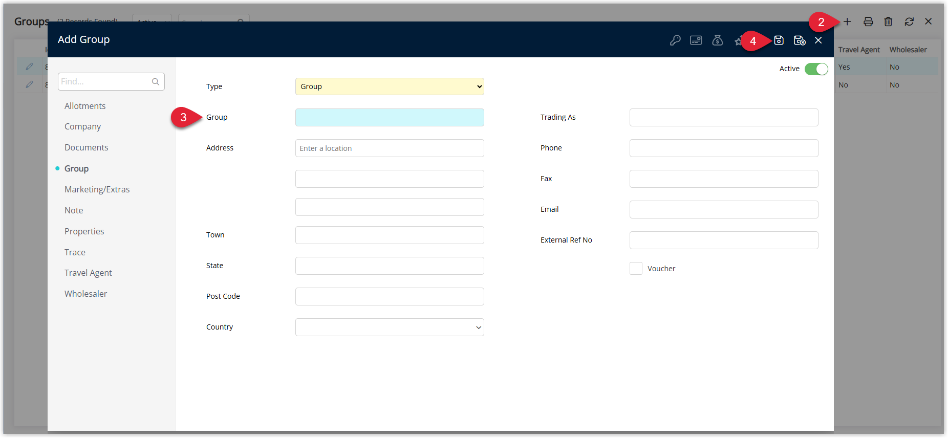 RMS Groups screen showing a new group with Group Description and contact details entered and the Save icon highlighted.