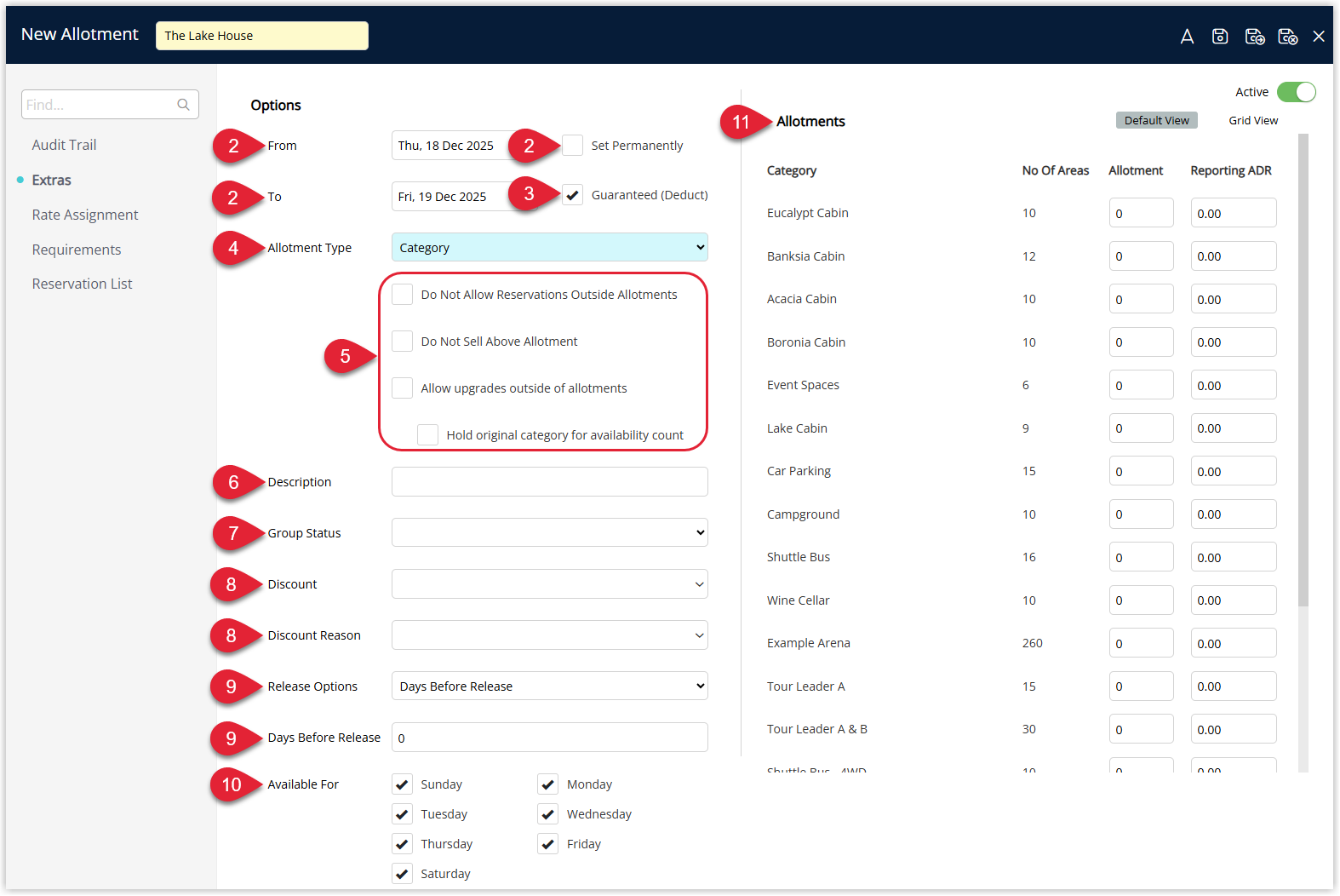 Allotments tab in the Group setup showing From Date and To Date, Guaranteed checkbox, Allotment Type options, release settings, description and status fields, and an inventory grid displaying the number of rooms allotted per date.