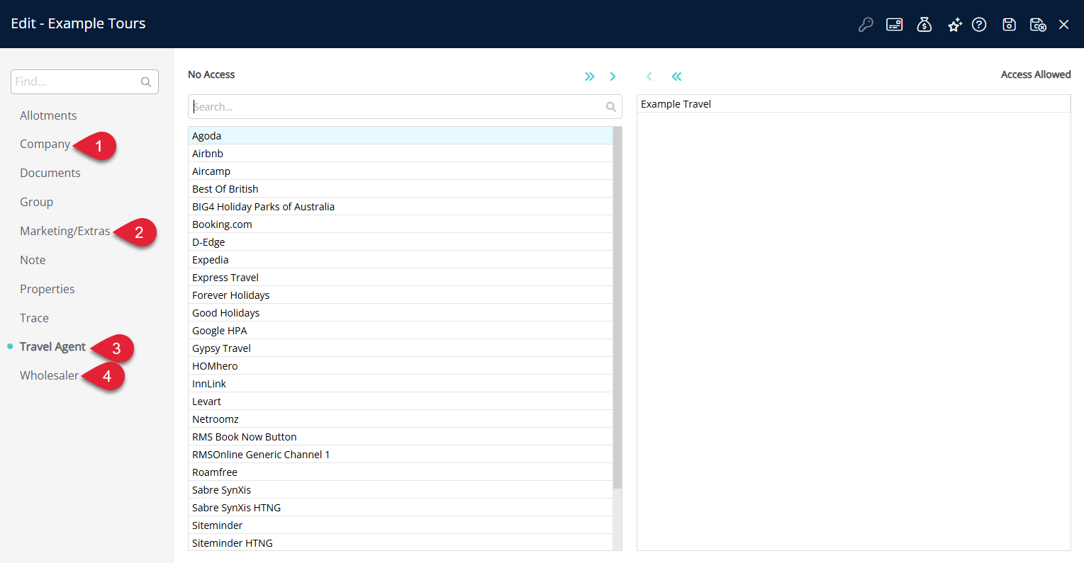 Group setup window in RMS highlighting the Company, Marketing Extras, Travel Agent and Wholesaler tabs used to restrict access and apply additional group details.