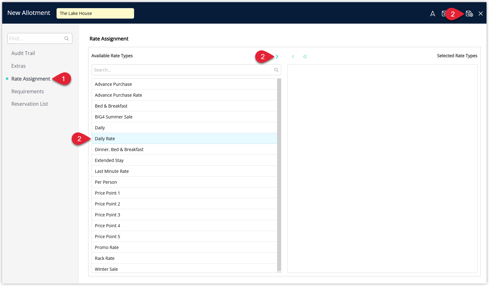 Rate Assignment tab for the group displaying a list of rate types with one or more rates selected and allocated to the group, with Save Exit available.