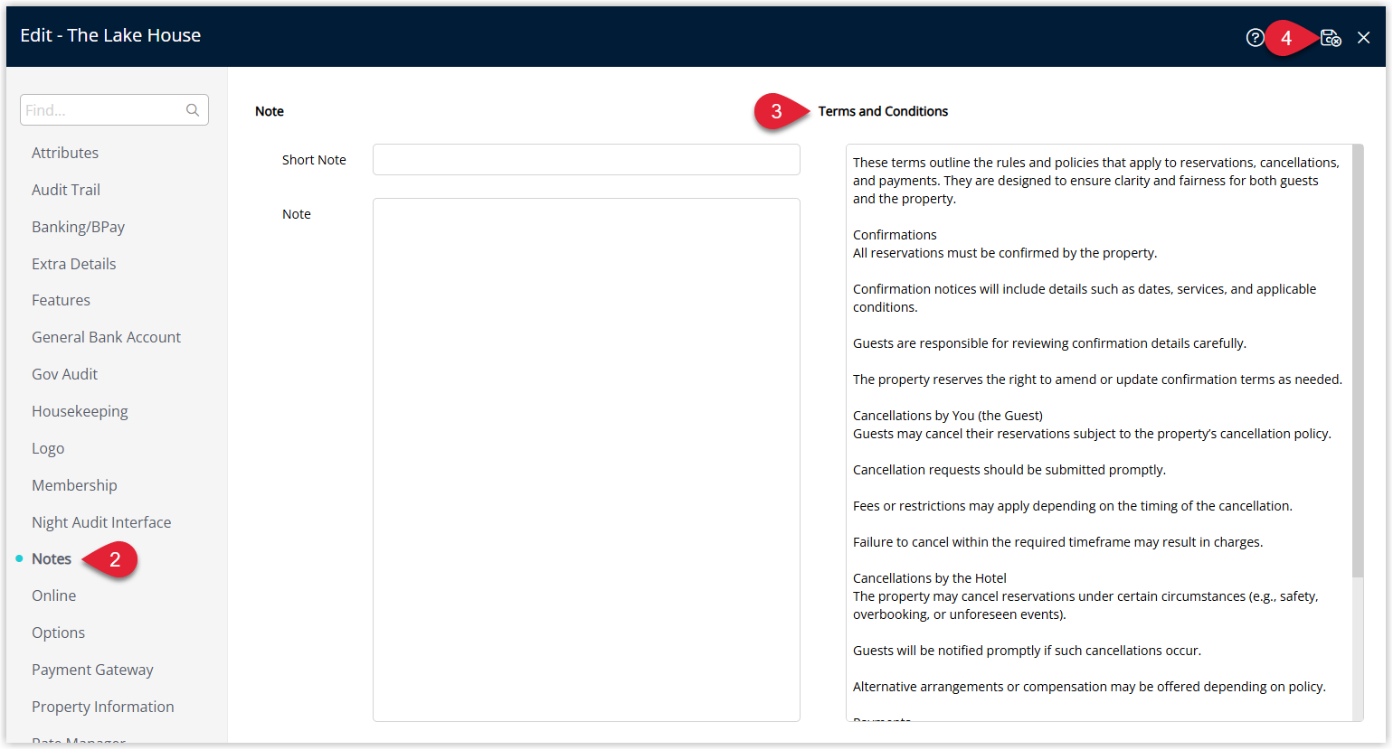 Property settings window in RMS on the Notes tab, displaying a large text field populated with the property’s Terms & Conditions and the Save/Exit button highlighted to save the updated terms