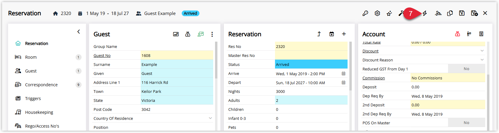 Annotated screenshot of the Reservation screen in RMS highlighting the meter reads icon in the toolbar