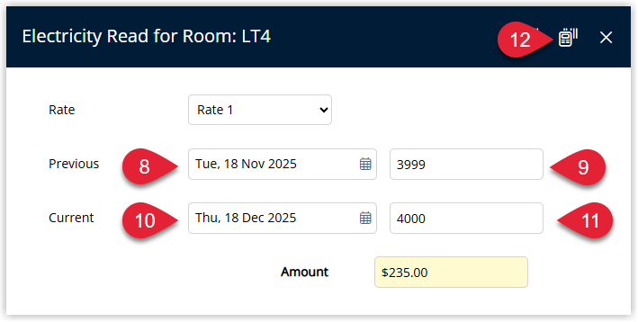 Annotated screenshot of the Electricity Read window in RMS highlighting the Previous and Current reading dates and values and the save icon