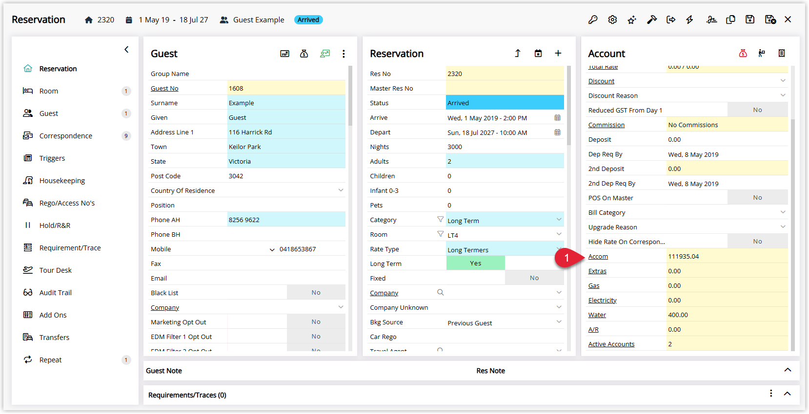 Annotated screenshot of the Reservation screen in RMS highlighting the inflated Accom balance in the Account panel caused by the incorrect meter read