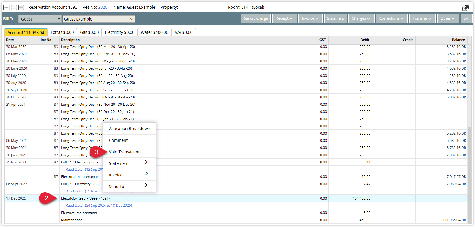 Annotated screenshot of the guest account in RMS highlighting the incorrect electricity meter read charge and the Void Transaction option