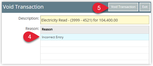 Annotated screenshot of the Void Transaction window in RMS highlighting the Incorrect Entry reason and the Void Transaction button