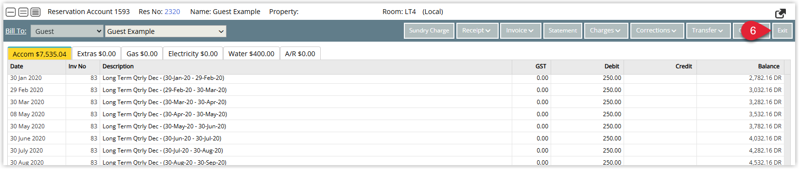 Annotated screenshot of the guest account in RMS highlighting the Exit button, with the account balance corrected after voiding the read