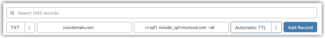 Screenshot of the DNS management screen at a hosting provider showing an Add Record form configured with type TXT and fields for Host/Name and Value populated using TXT record details copied from RMS.