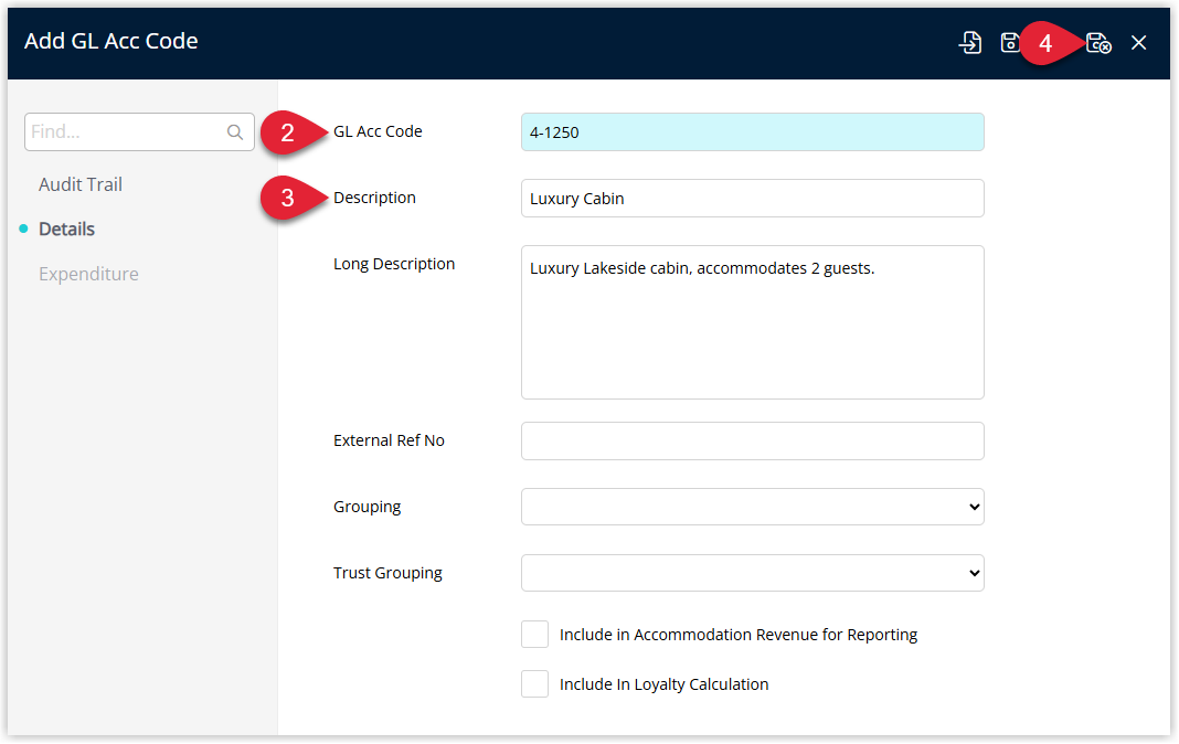 RMS GL Acc Code details window showing fields for General Ledger Account Code, Description, optional Long Description, optional Grouping and the Include in Accommodation Revenue checkbox, with the Save/Exit button highlighted and the Expenditure tab visible for optionally entering Budget Amt values by year and month.