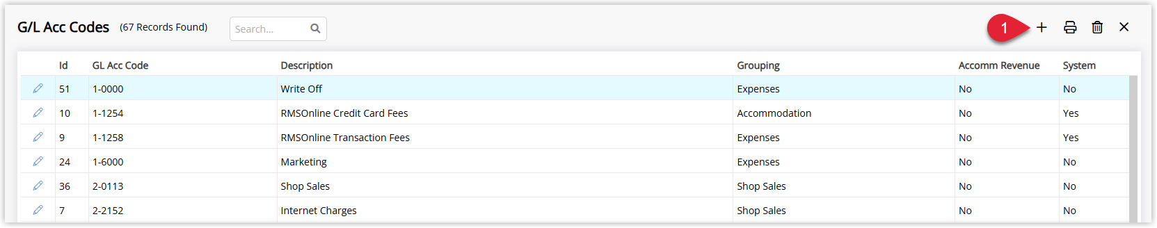 RMS General Ledger Account Codes screen listing existing GL Acc Codes, with the Add button highlighted to create a new GL Account Code.