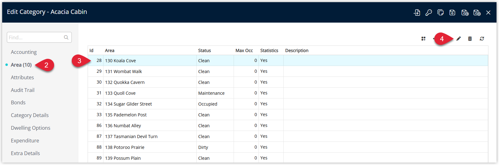 RMS Category edit window on the Area tab showing a list of areas under the category, with one area highlighted and the Edit button selected to change its details.