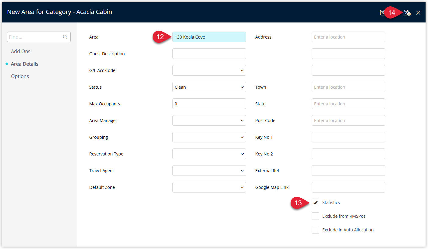 RMS Area creation window showing fields for Area Description, optional Guest Description, optional General Ledger Account Code, additional area details, and the Statistics option ticked to include the area in occupancy and revenue reporting, with Save/Exit selected.