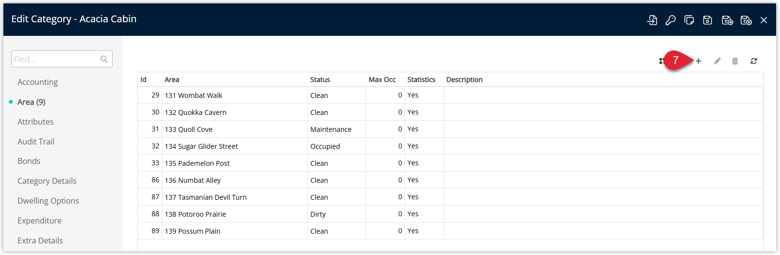 RMS Category edit window on the Area tab with the Add button selected to create a new area under the category.