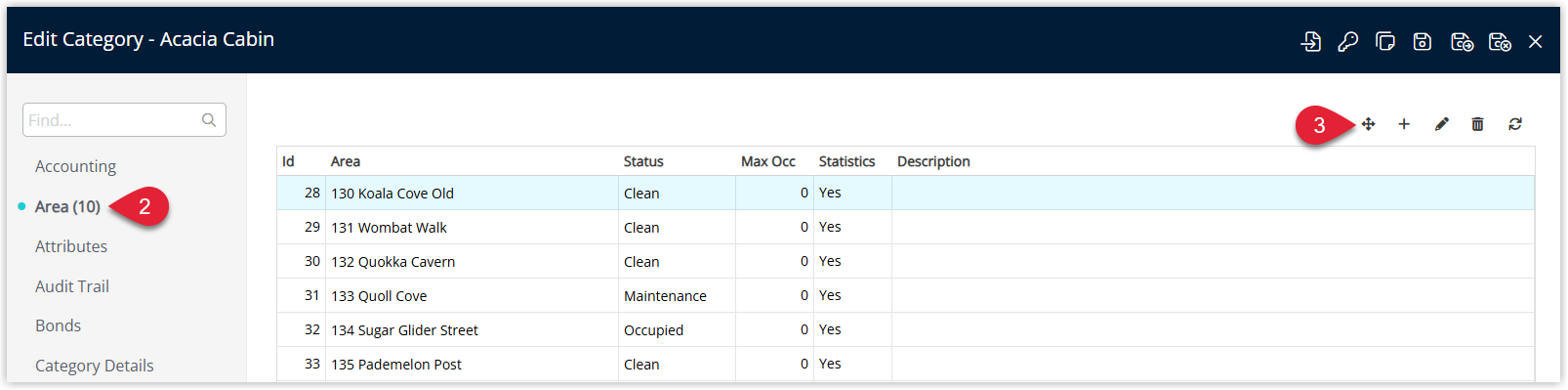 RMS Category edit window on the Area tab showing the list of areas with the Move button selected to reassign an area to a different (inactive) category.