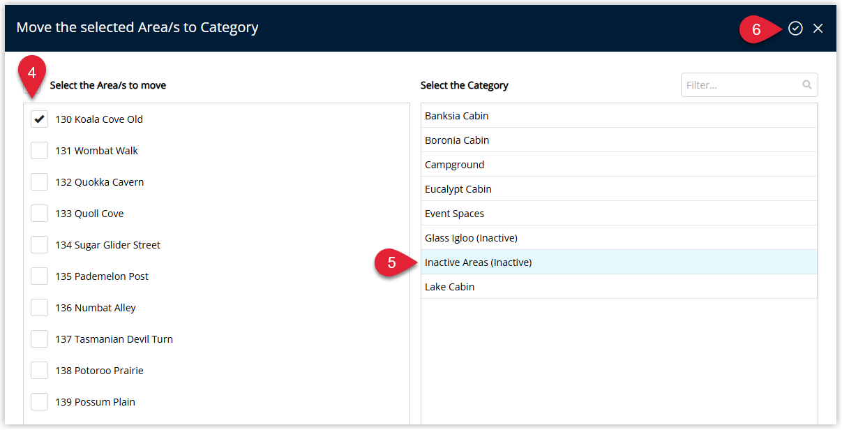 RMS Move Area dialog showing the Area chosen to be moved, an Inactive Category selected as the destination, and the Apply button highlighted to complete moving the old area out of active inventory.