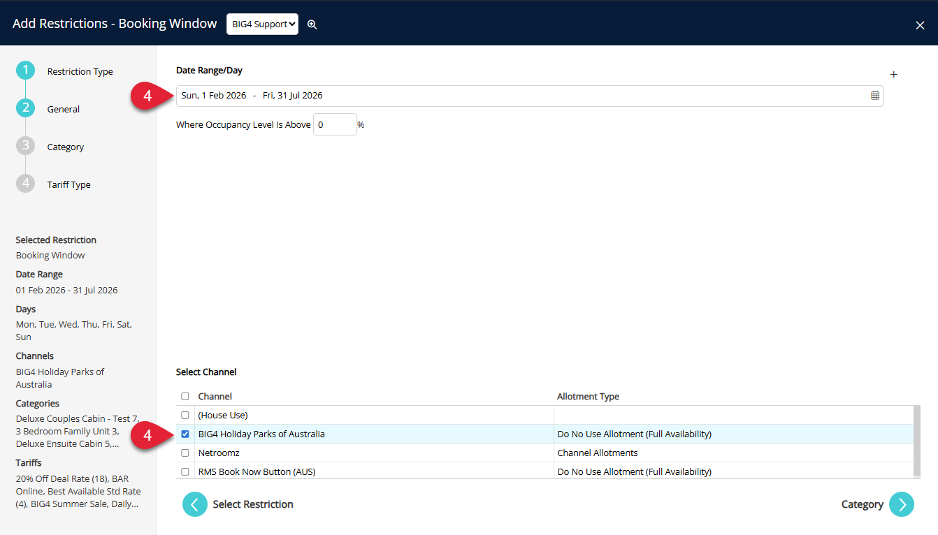 New restriction setup screen in RMS Control Panel with a list of Restriction Types and Booking Window selected for configuring BIG4 deal booking rules.