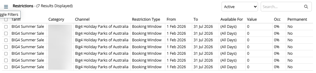 Booking Window restriction setup in RMS Control Panel showing Channel = BIG4 Holiday Parks of Australia, a selected Date Range, chosen Categories, the BIG4 Summer Sale Tariff Type, and the Save/Exit button to apply the restriction.