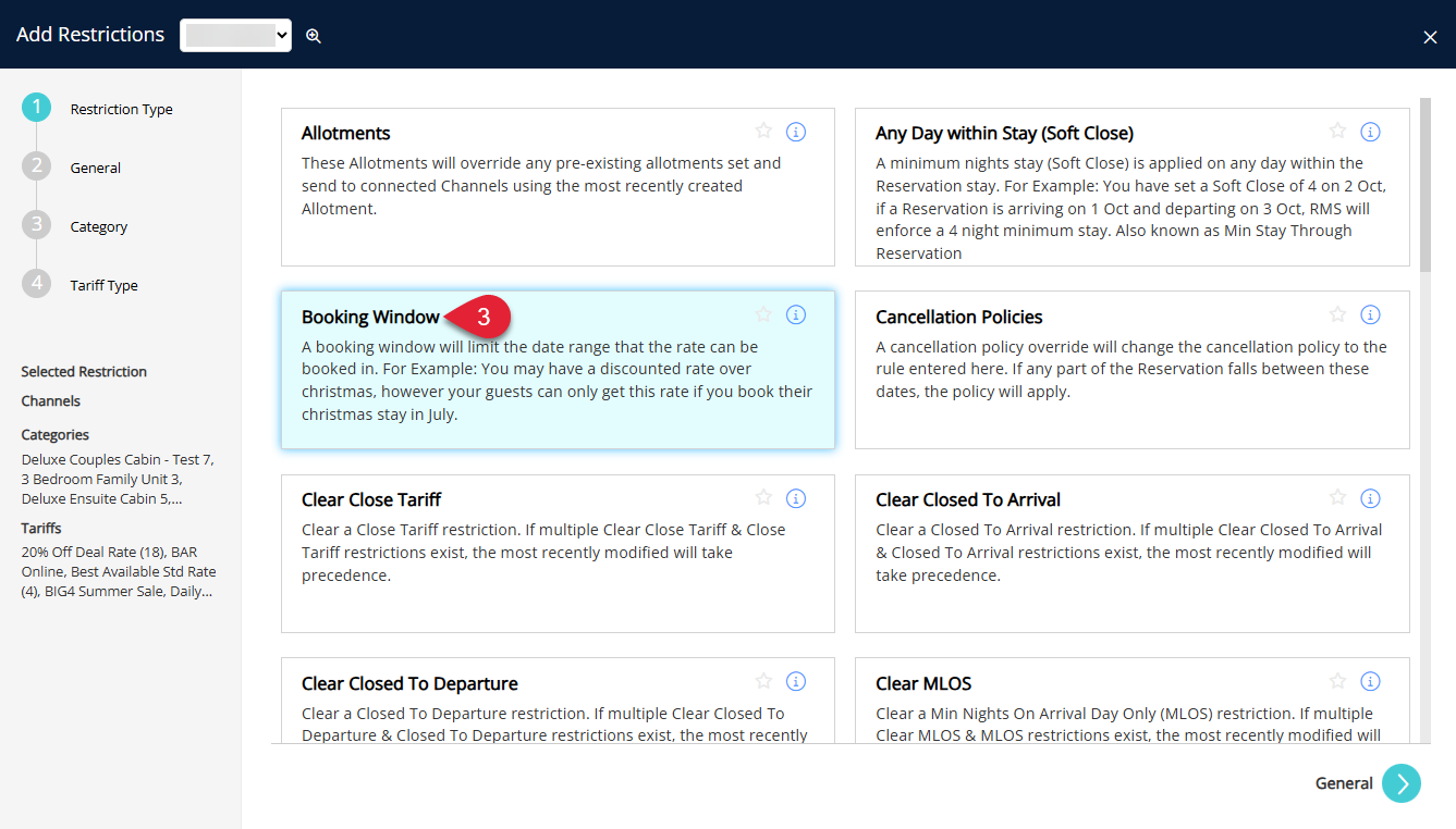 New restriction setup screen in RMS Control Panel with a list of Restriction Types and Booking Window selected for configuring BIG4 deal booking rules.