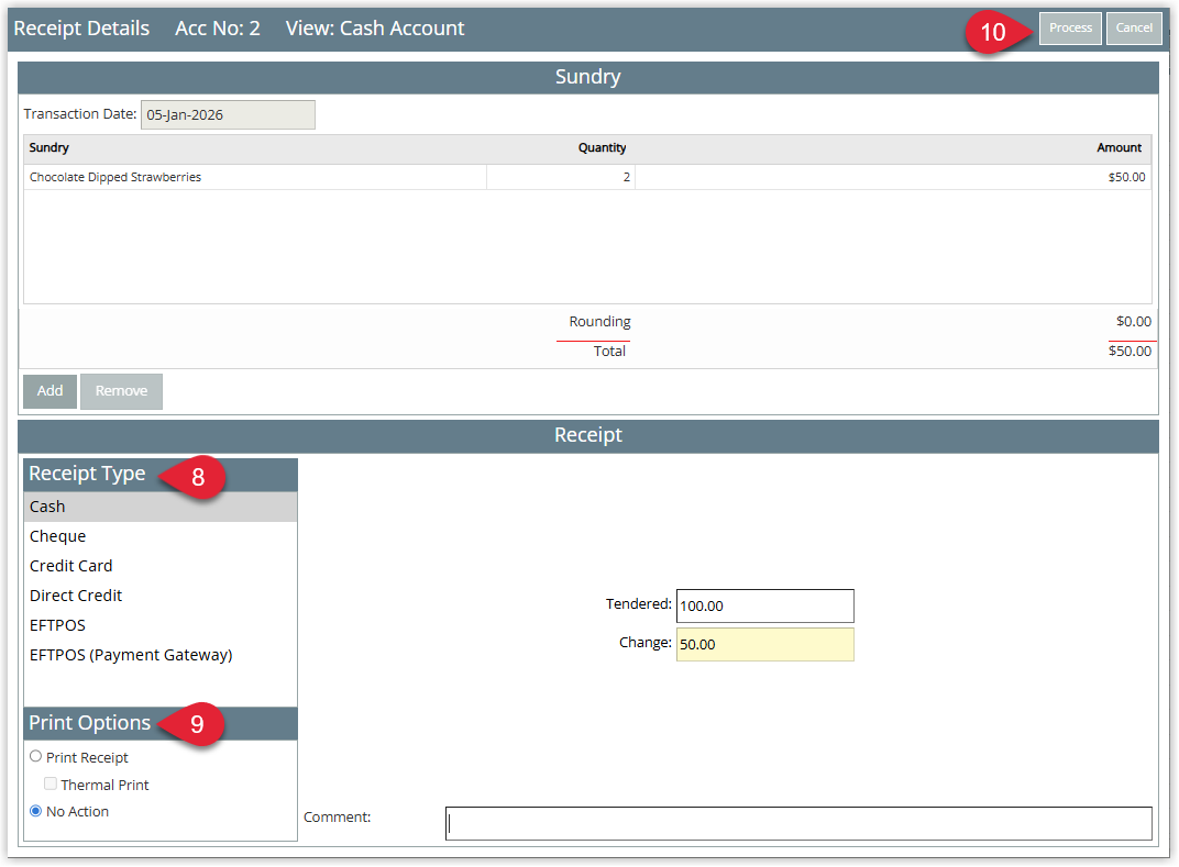 Annotated screenshot of the Receipt Details screen in RMS highlighting the Sundry items, Receipt Type, Print Options and the Process button