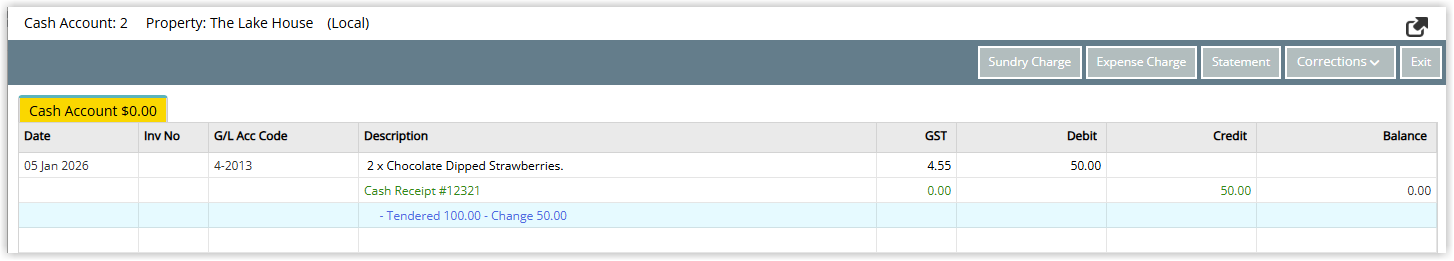 Screenshot of the Cash Account in RMS showing the sundry charge and cash receipt posted with a zero balance
