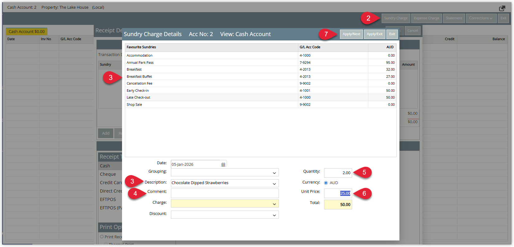 Annotated screenshot of the Cash Account in RMS highlighting the Sundry Charge button, the Sundry Charge Details window with Description, Quantity and Unit Price fields and the Apply/Exit button