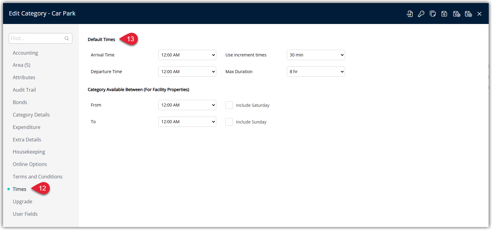 RMS Category details window on the Times tab for the Add On category, showing Default Arrival and Departure Time fields set, Use Increment Times enabled with Minutes or Hours selected, and a Max Duration value entered (up to 8 hours), defining how long the Add On can be booked for.