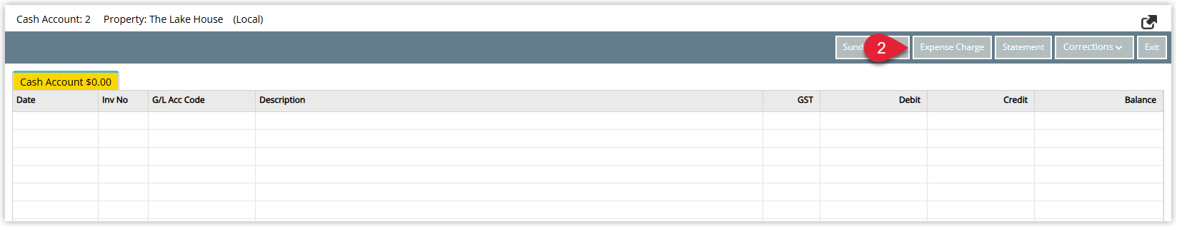 Cash Account screen in RMS showing the account transaction list with the Expense Charge button highlighted on the toolbar to record a petty cash withdrawal.