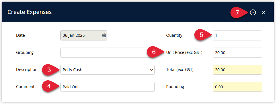 Expense Charge entry window displaying an Expense Charge sundry selected with comment field optional quantity entered unit price set to the petty cash amount and the Apply Exit button highlighted.