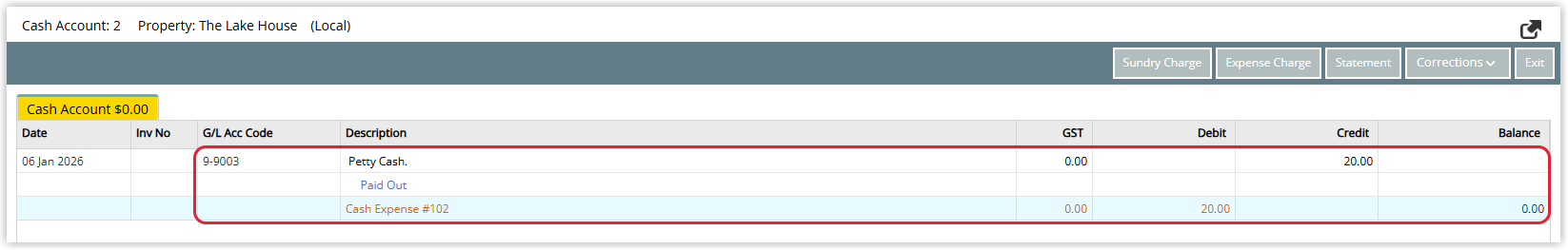 Cash Account transaction list showing the posted Expense Charge and matching cash expense payment entries that reduce the cash balance and keep the cash account in balance.