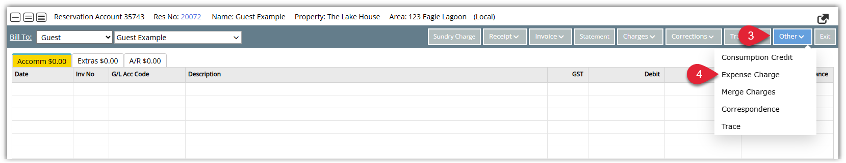 Annotated screenshot of the guest account in RMS highlighting the Other menu and the Expense Charge option