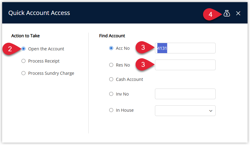 Screenshot of the Open Account dialog in RMS showing fields to search for and open a reservation account by reservation number or guest name.