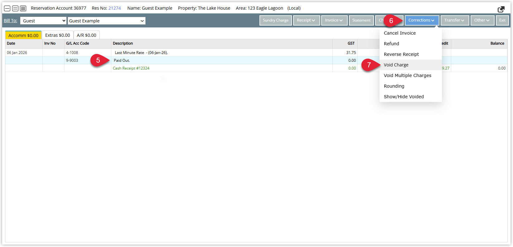 Screenshot of an RMS account screen with the Corrections menu expanded, highlighting the Void Charge option used to reverse a paid out expense.