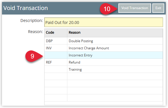Screenshot of the Void Reason dialog in RMS showing a drop-down list where the user selects the reason for voiding the paid out charge.