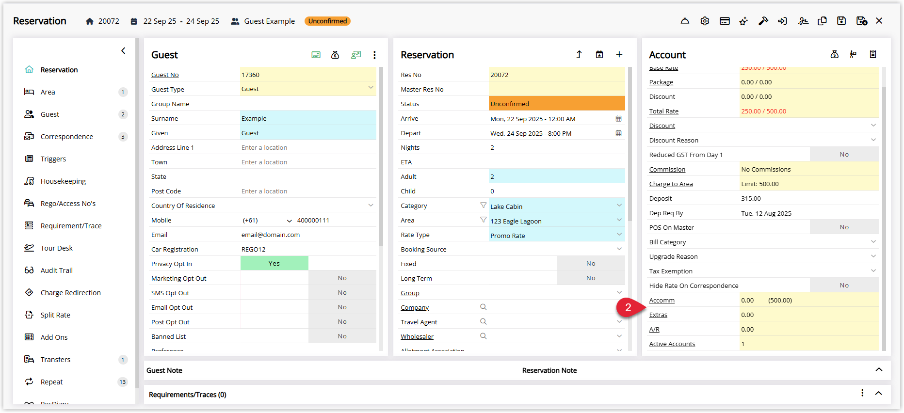 Annotated screenshot of the Reservation screen in RMS highlighting the Accomm link in the Account panel to open the guest account