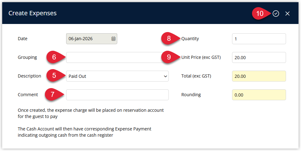 Annotated screenshot of the Create Expenses window in RMS highlighting the Description, Grouping, Comment, Quantity and Unit Price fields and the save icon
