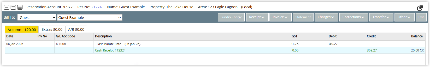 Screenshot of the account transactions list in RMS after the reversal, showing the original paid out expense charge voided and no longer affecting the account balance.
