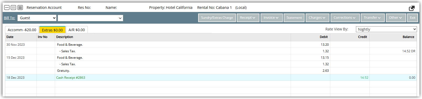 Screenshot of a reservation account in RMS showing Toast POS food and beverage charges posted to the Extras tab with sales tax and gratuity