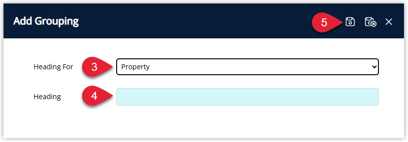 Screenshot of the Grouping setup screen in RMS with the Grouping Type set to Property and a Grouping Description entered, and the Save/Exit button highlighted to save the new Property Grouping.