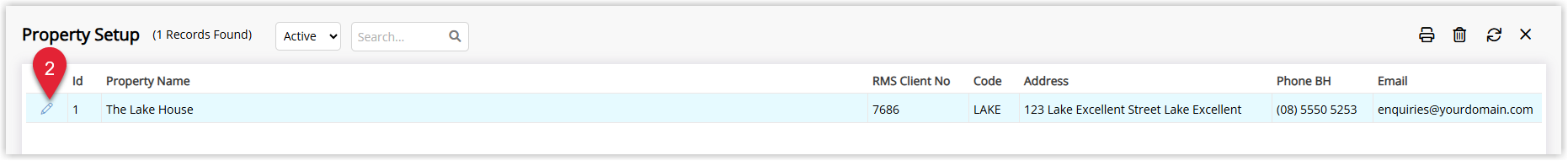 Screenshot of the Property Information list in RMS showing multiple properties with one property highlighted and the Edit button selected to open its details.