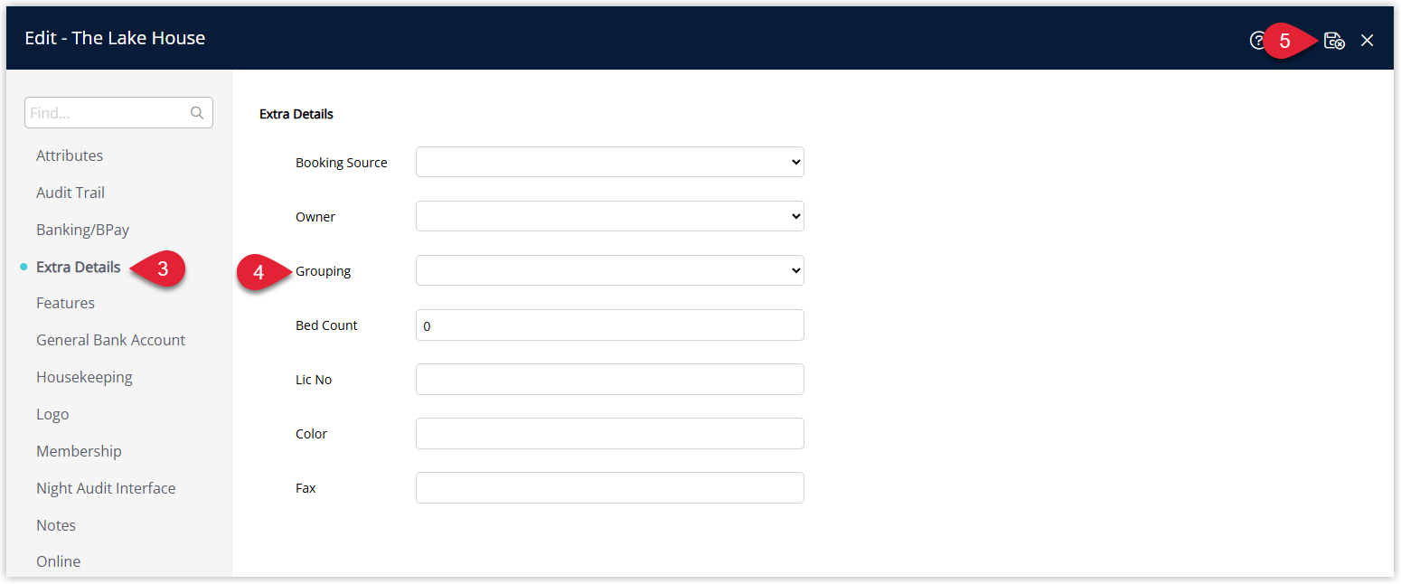 Screenshot of the Property Information edit screen in RMS with the Extra Details tab selected, showing a Grouping dropdown where a Property Grouping is chosen, and the Save/Exit button highlighted to apply the grouping to the property.