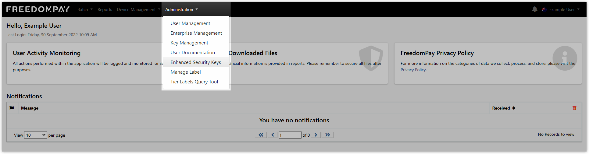 FreedomPay Enterprise Portal Administration menu with Enhanced Security Keys selected, showing a list of existing keys.