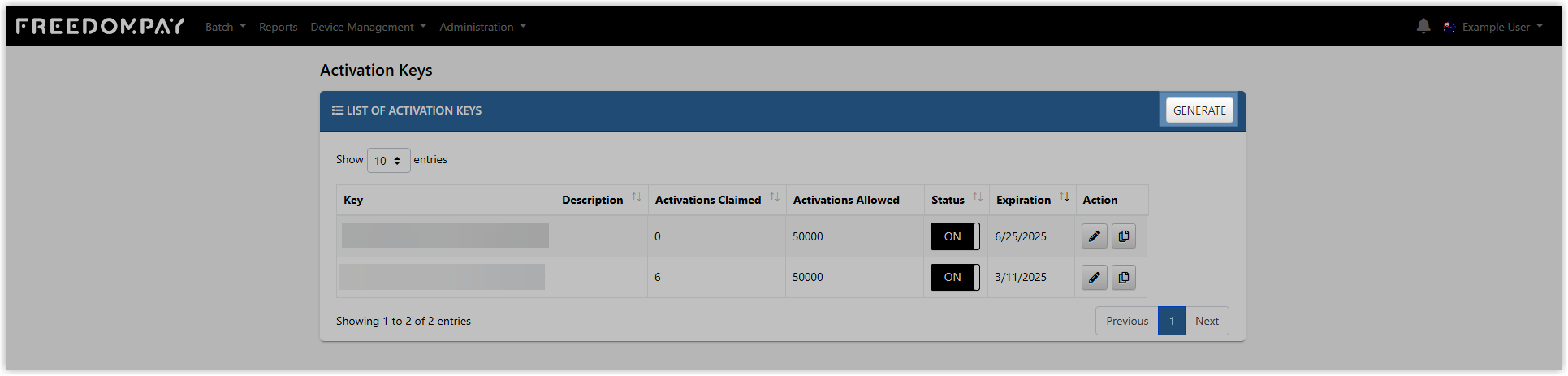 Activation Keys page showing a Generate button used to create a new Device Management Portal activation key.