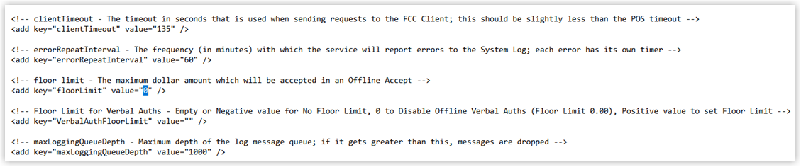 FreewayServerService config file with the floorLimit value updated to zero in the XML.