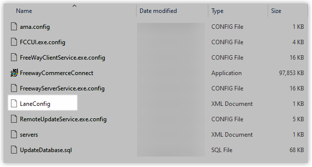 LaneConfig XML file open in Notepad, containing configuration values including a field for the EFTPOS terminal serial number.