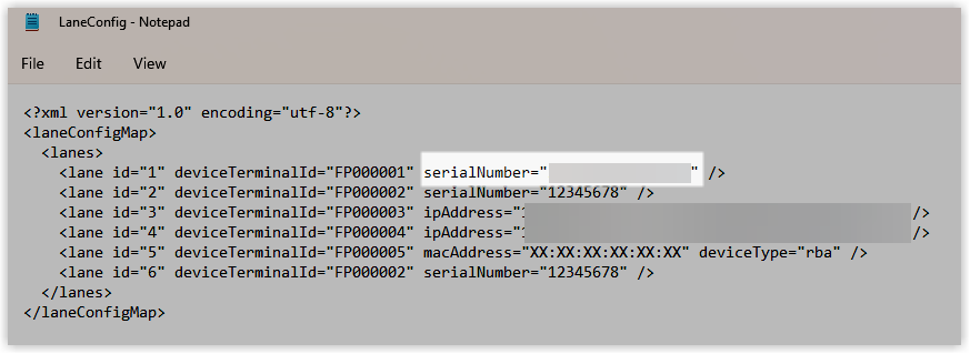 LaneConfig config file with the last eight digits of the EFTPOS terminal’s serial number entered in the appropriate value field.